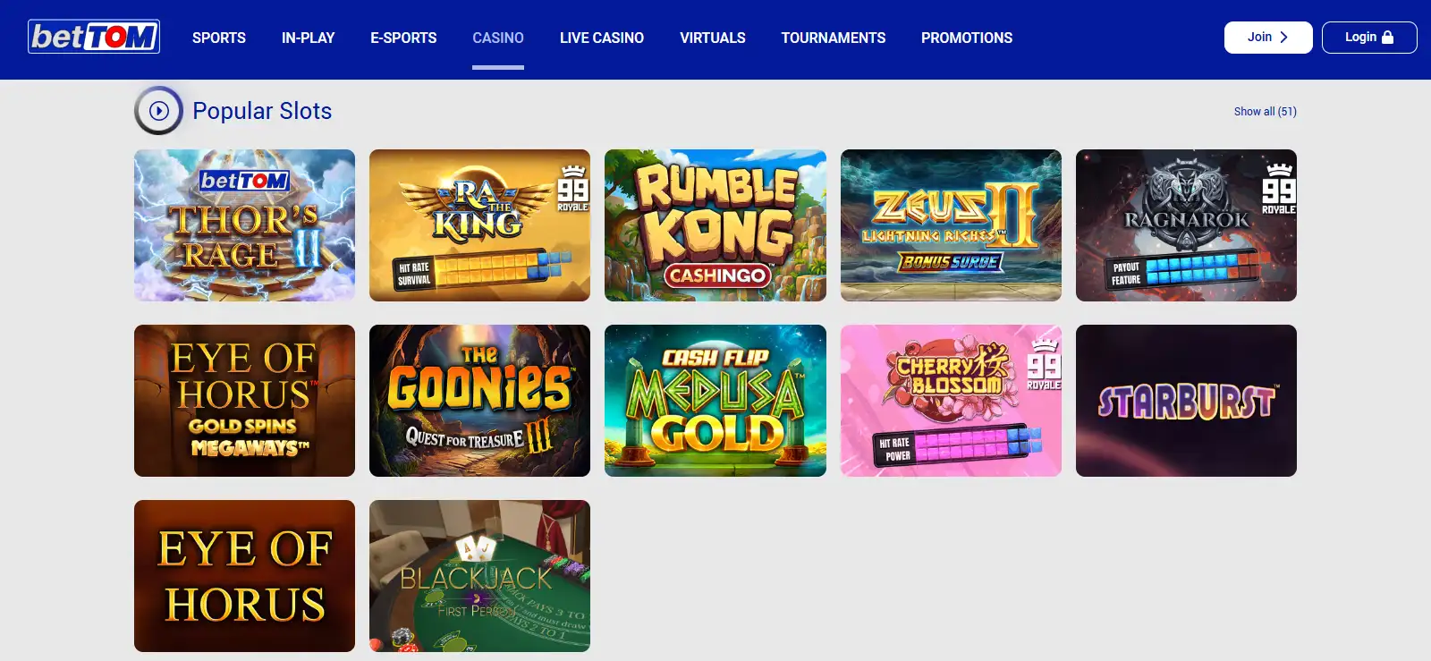 BetTOM casino game lobby