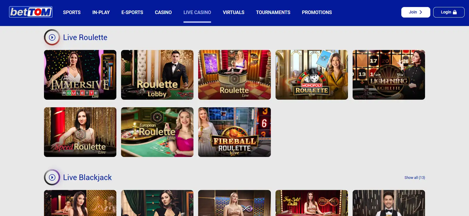 BetTOM live casino lobby