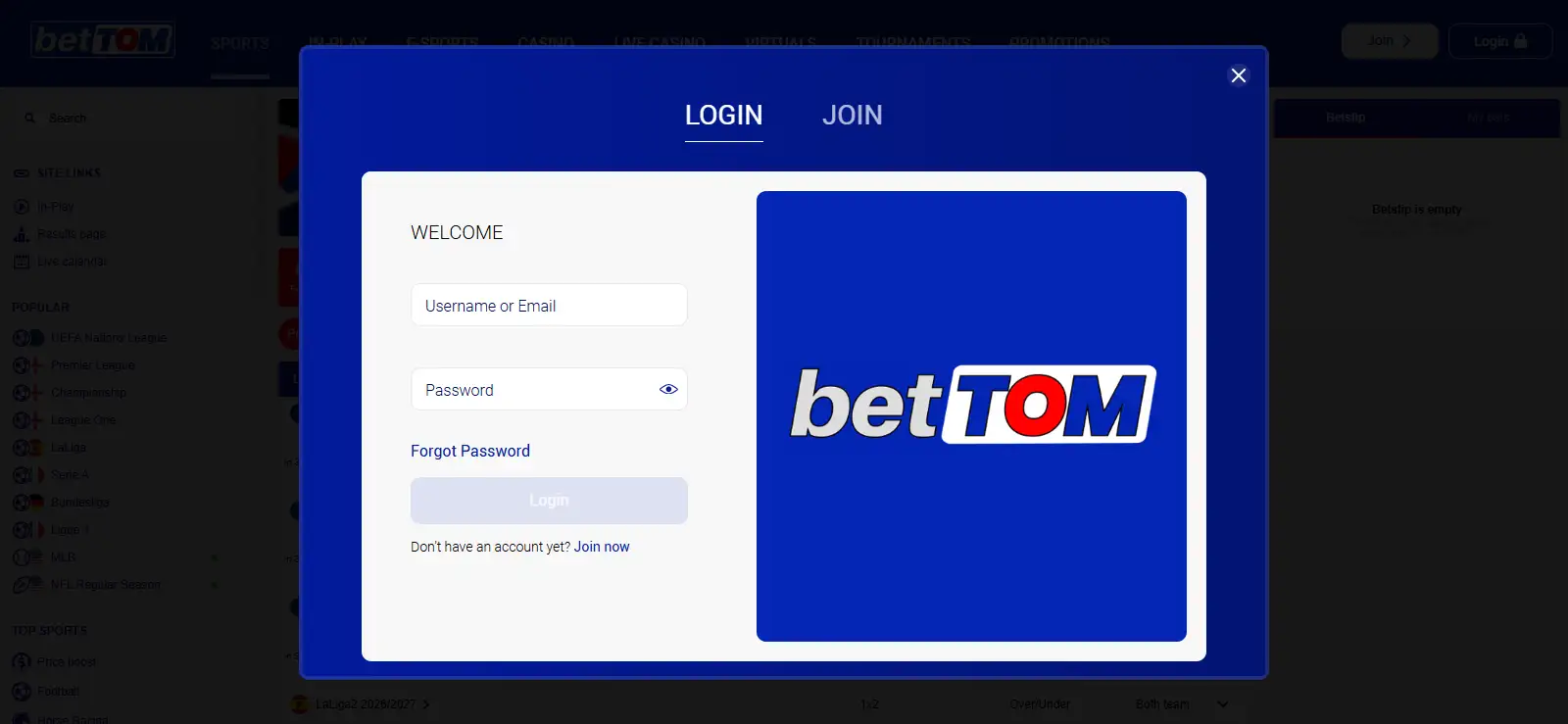 Current BetTOM registration screen