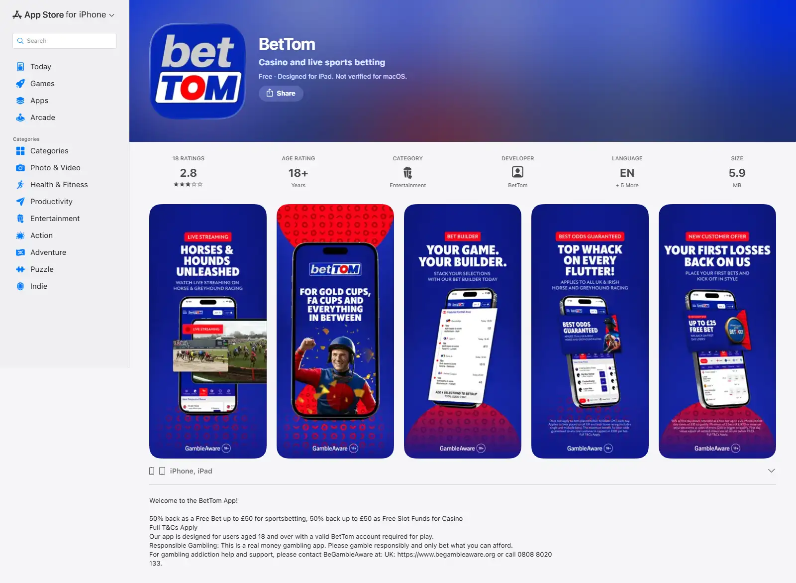 BetTOM listing in the UK Apple App Store