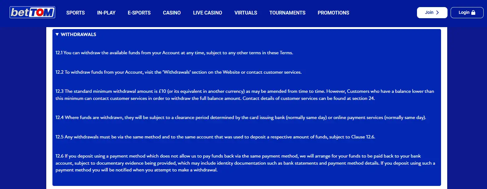 BetTOM withdrawal cashier screen